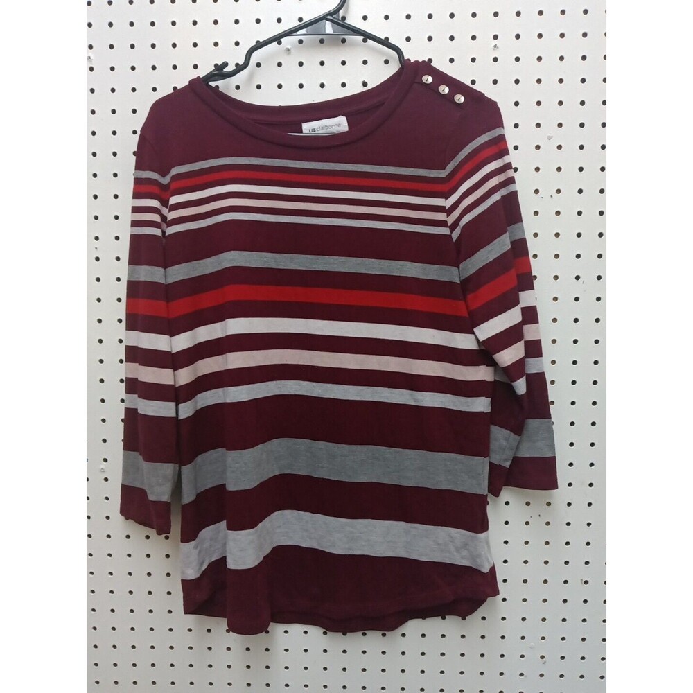 Liz Claiborne Women's Stripe 3/4 Sleeve Dark Red Grey Light Pink. Tunic large